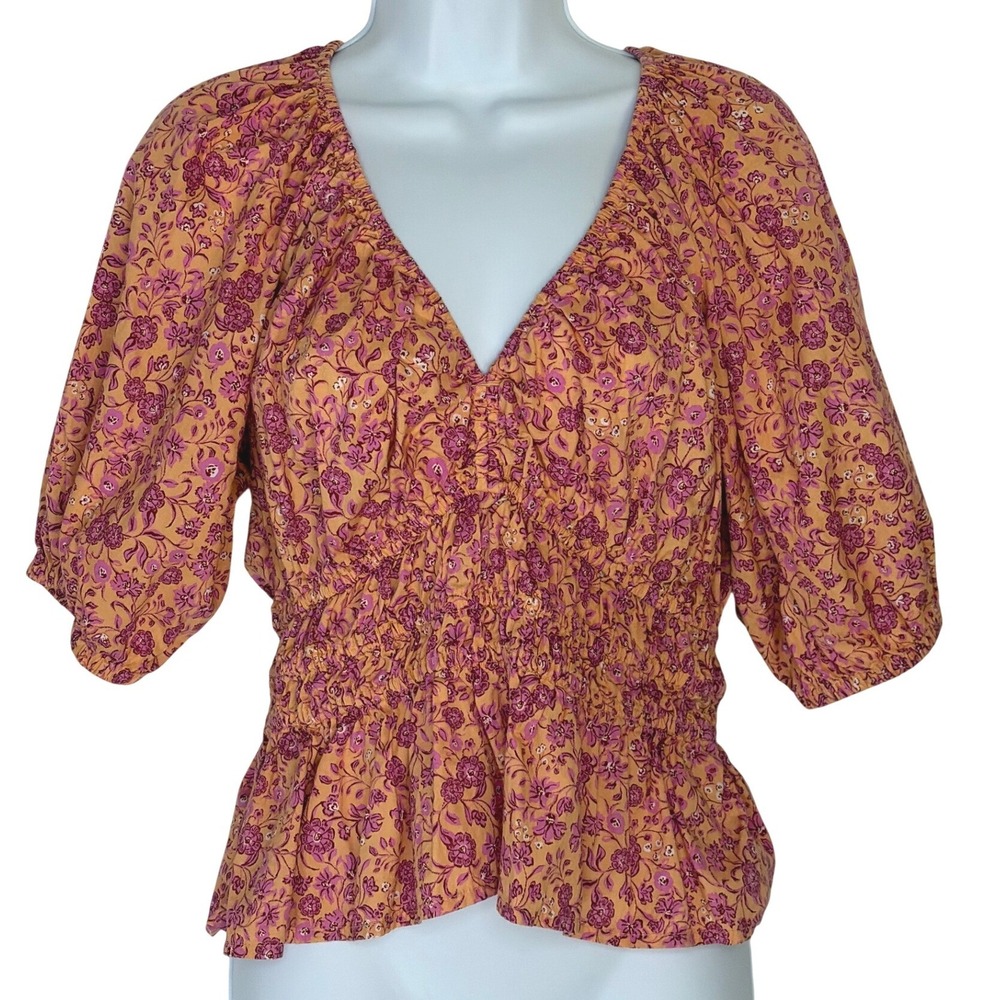 Old Navy Women Blouse Floral Smocked Waist Puff Sleeve S Boho Cottagecore Peplum